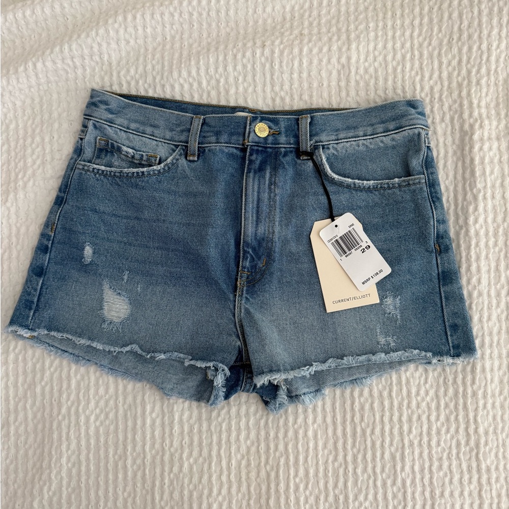 Current/Elliott Blue Jean Shorts Distressed High-Rise
